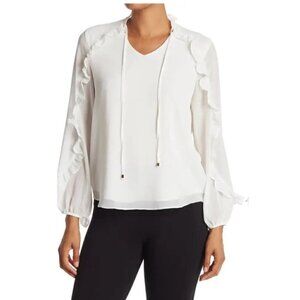 New Catherine Malandrino Size L Ruffle Tie Neck Blouse Tops White Career Office
